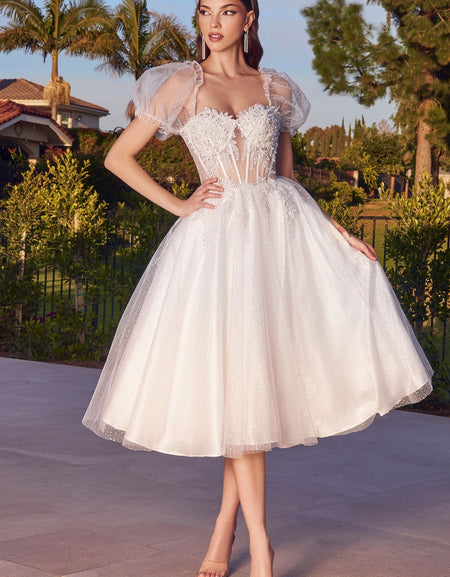 Puff Sleeve Glitter Tulle Gown - CD0187W