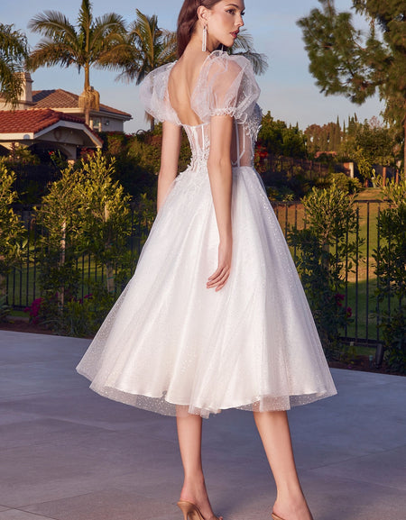Puff Sleeve Glitter Tulle Gown - CD0187W