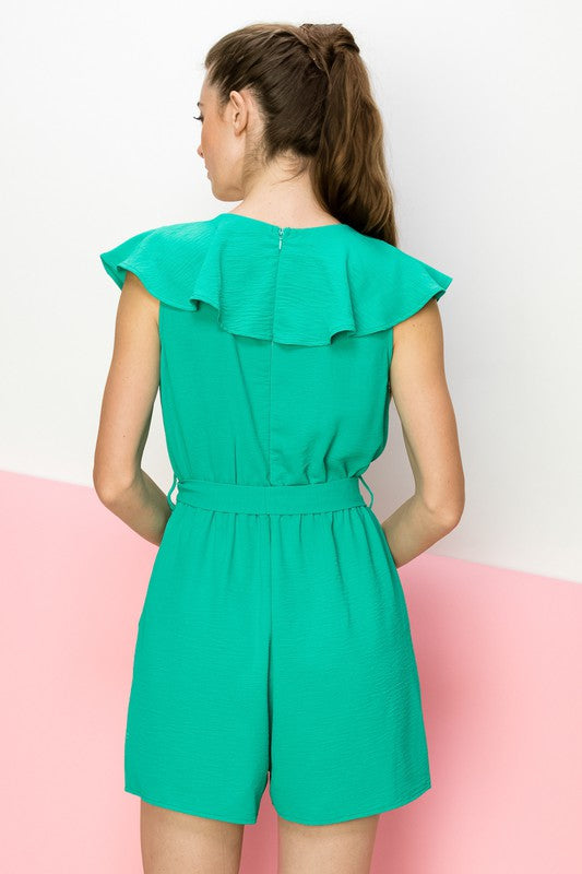 SOLID V NECK RUFFLE DETAILED ROMPER