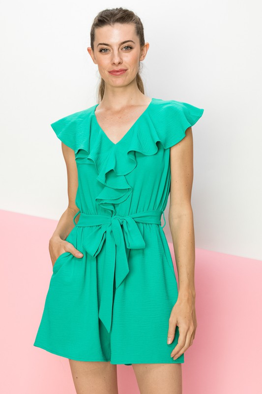 SOLID V NECK RUFFLE DETAILED ROMPER