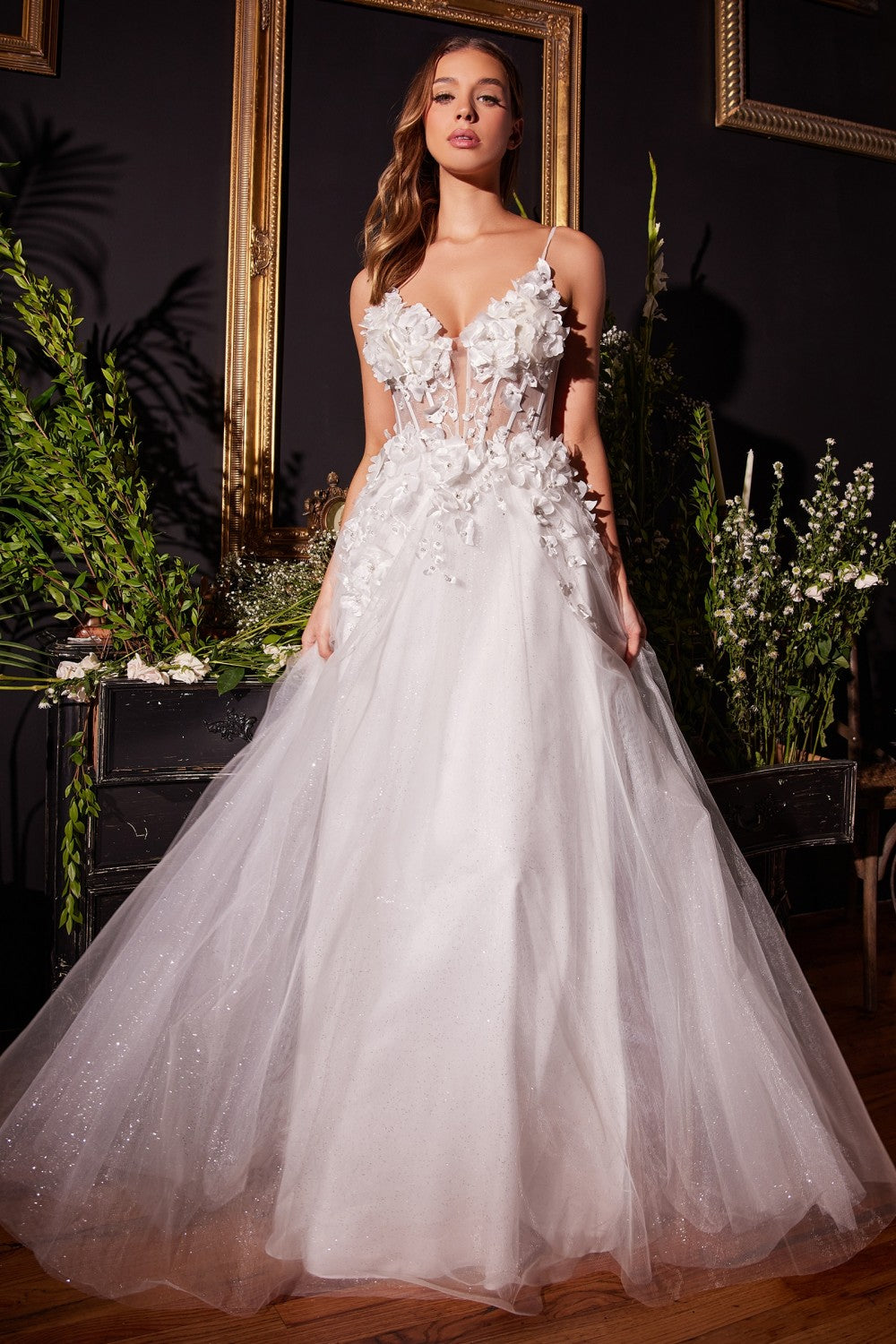 FLORAL APPLIQUE A-LINE TULLE BRIDAL GOWN CM321W