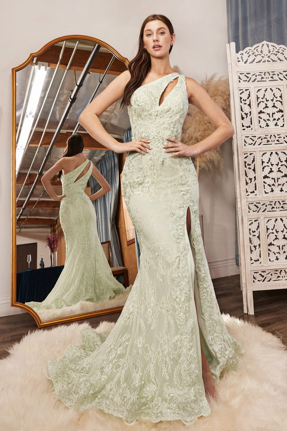 ONE SHOULDER LACE FITTED GOWN  CD973